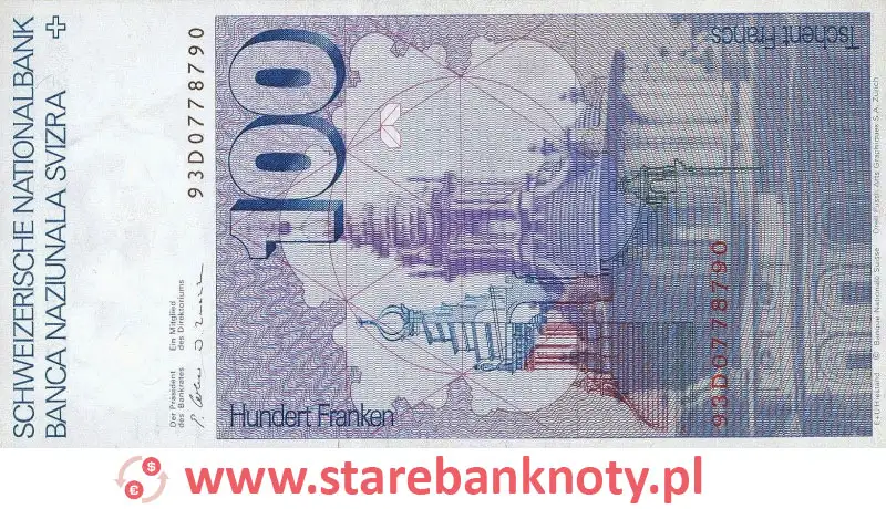 widok banknotu 100 franków szwajcarskich rewers
